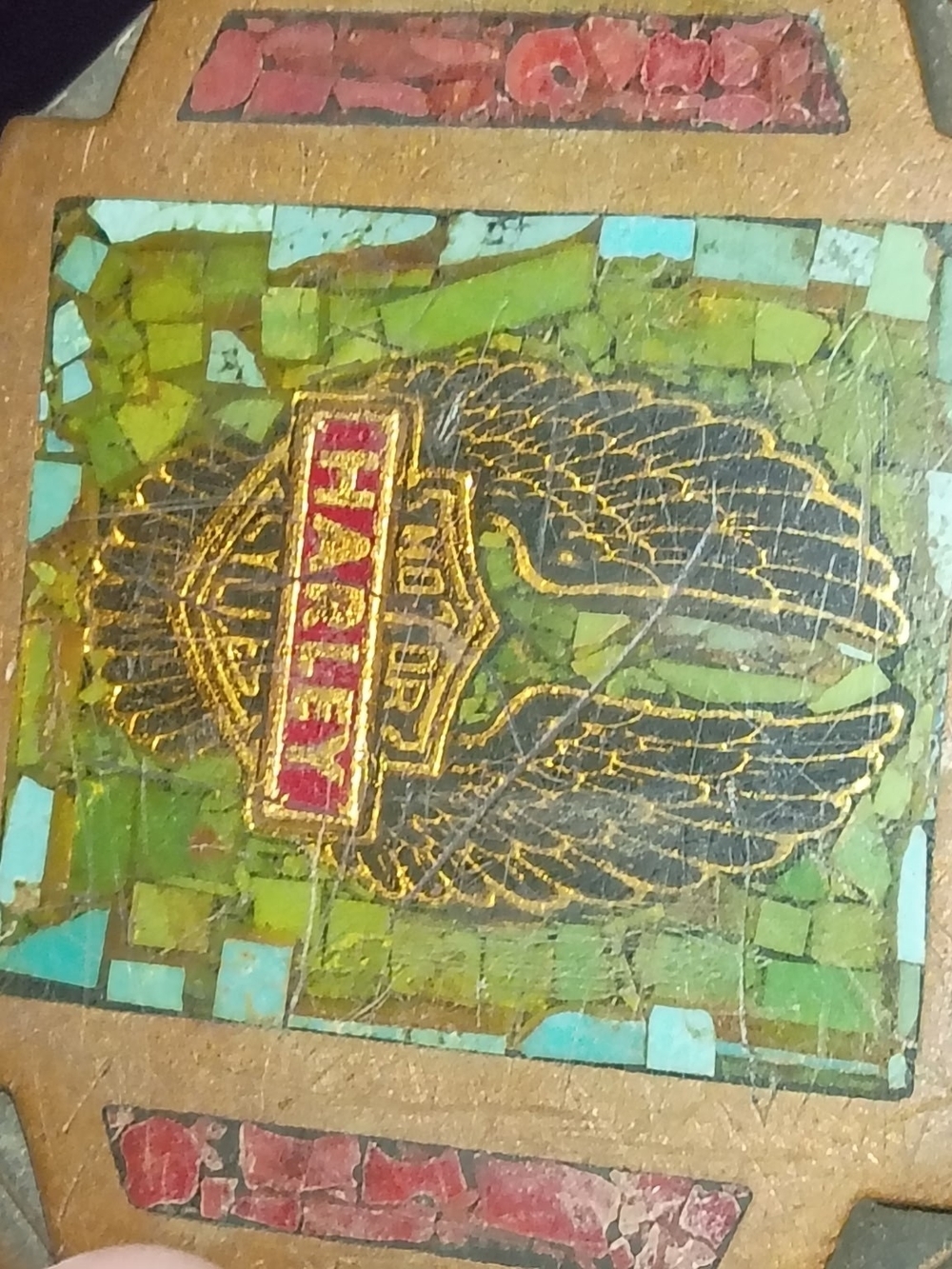 "HARLEY-DAVIDSON" Rare&VintageWinged Mosaic Belt Buckle – Green and Gold